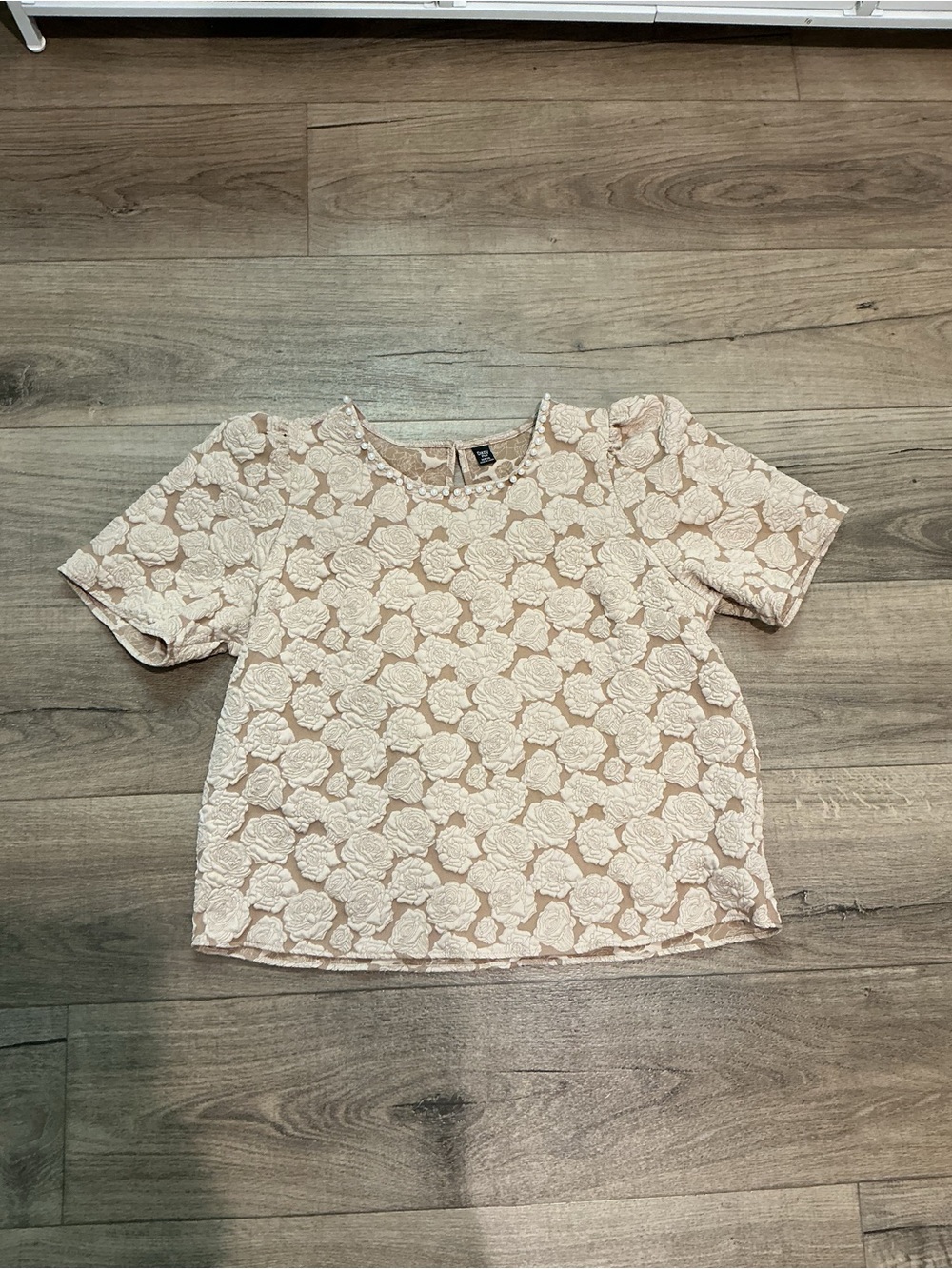 Textured Floral Lace Short Sleeve Blouse in Light Pink